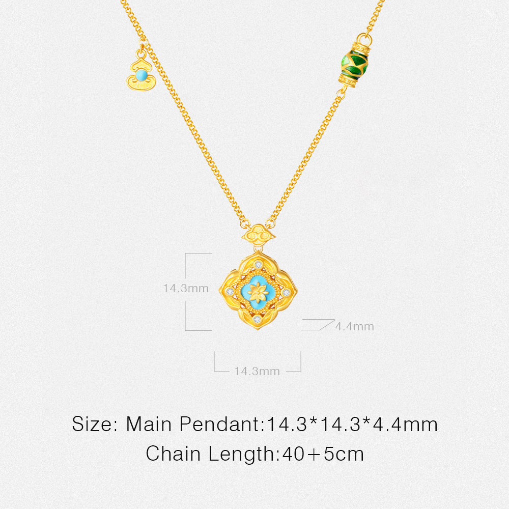 Gold Plated Silver Enamel Auspicious Lotus Pond Necklace