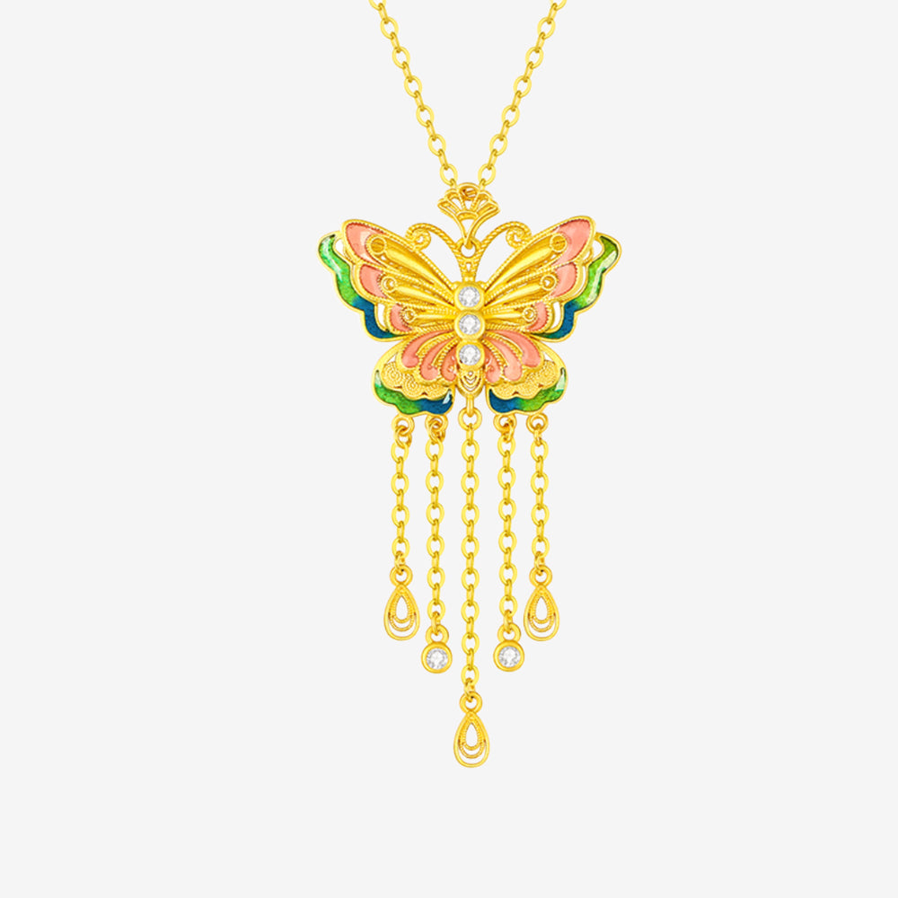 925 Silver Gold Plated Enamel Butterfly Tassel Necklace