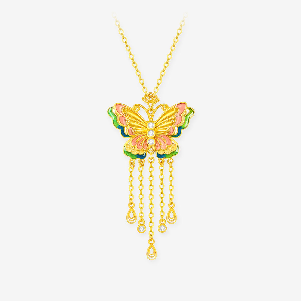 Silver Gold Plated Enamel Butterfly Tassel Necklace