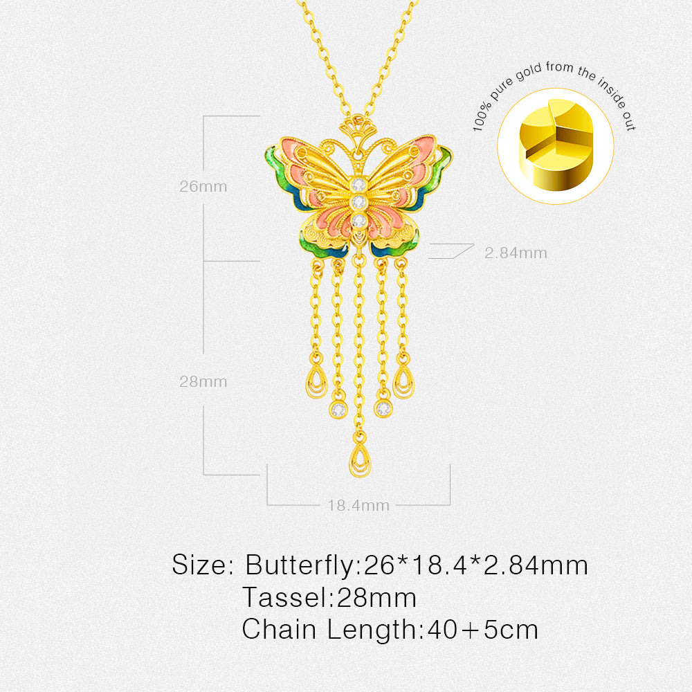 925 Silver Gold Plated Enamel Butterfly Tassel Necklace