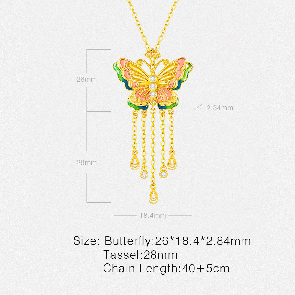 Gold Plated Silver Enamel Butterfly Tassel Necklace