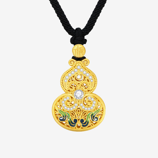 925 Silver Gold Plated Enamel Ruyi Gourd Pendant Necklace