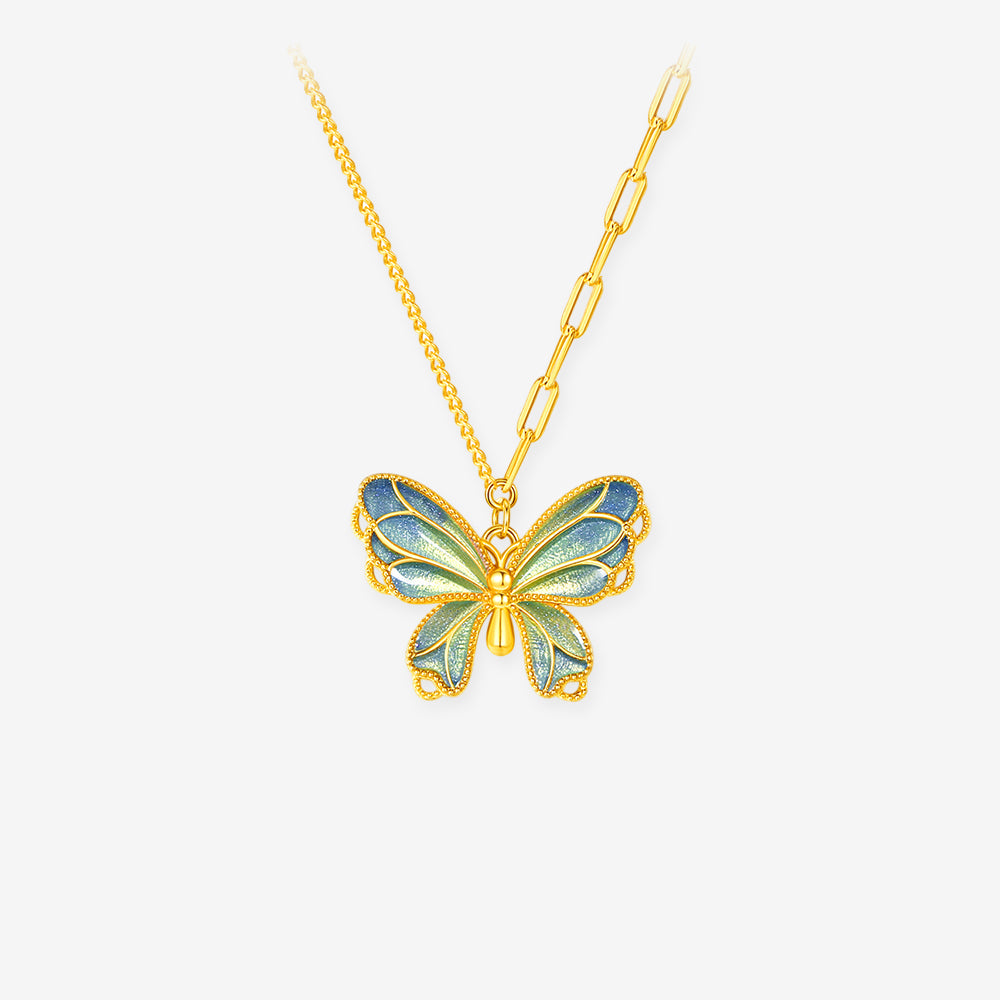 Silver Enamel Pearl Colorful Butterfly Necklace