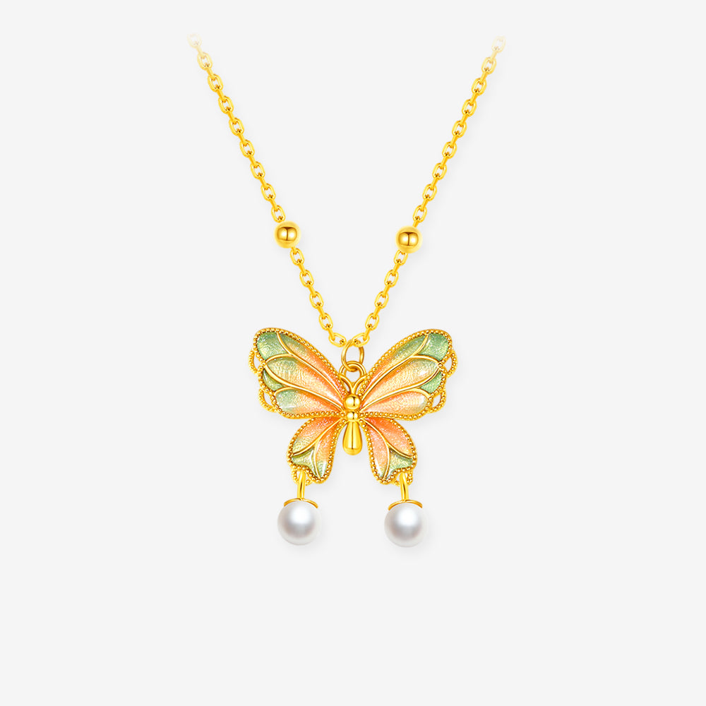 Silver Enamel Pearl Colorful Butterfly Necklace