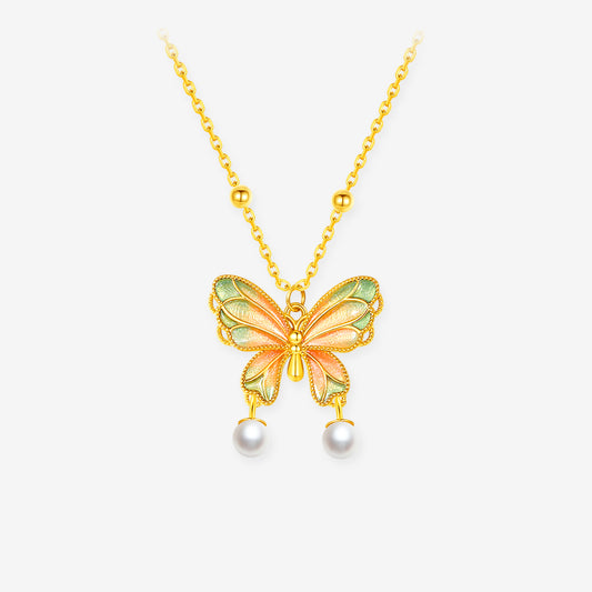 Silver Enamel Pearl Colorful Butterfly Necklace