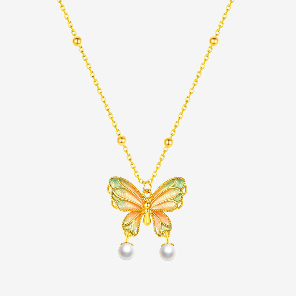 S925 Silver Enamel Pearl Colorful Butterfly Necklace