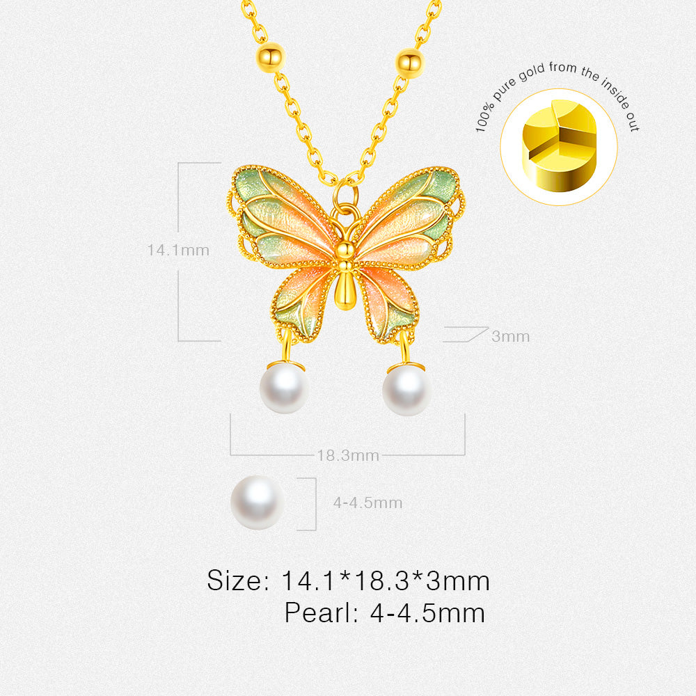 S925 Silver Enamel Pearl Colorful Butterfly Necklace