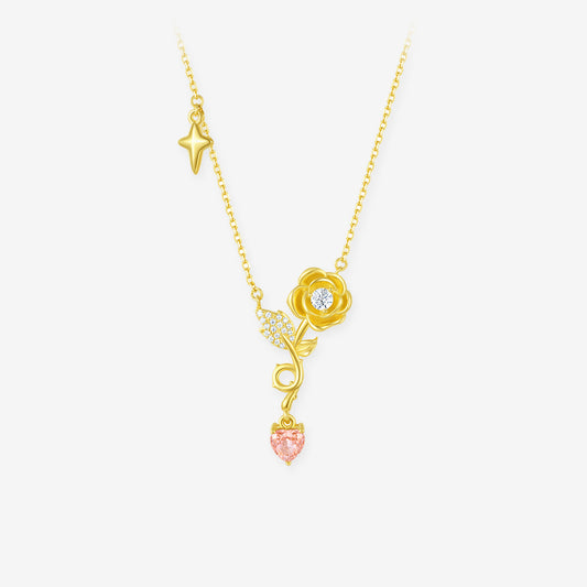 Silver Zircon Yellow Rose Pink Heart Necklace