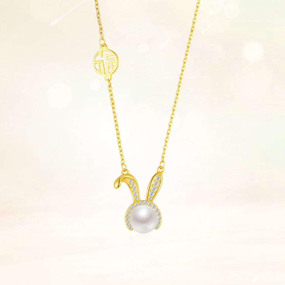 925 Silver Pearl Happy Rabbit Necklace