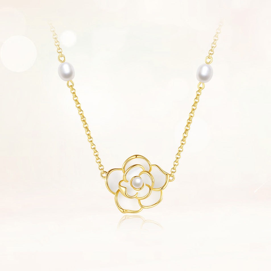 S925 Silver Camellia Pearls Necklace Jewelry Set