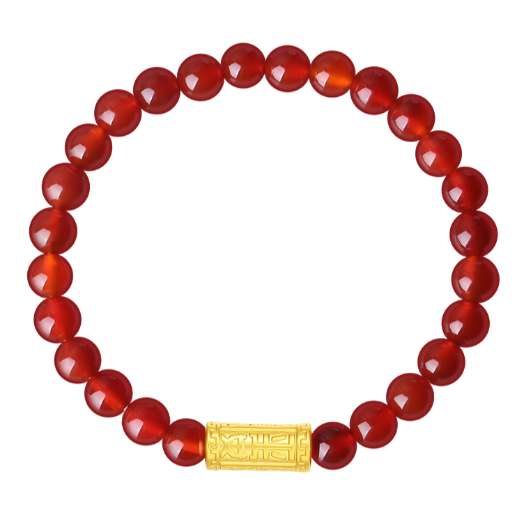 24K Gold Pingan Barrel Charm Agate Beaded Bracelet