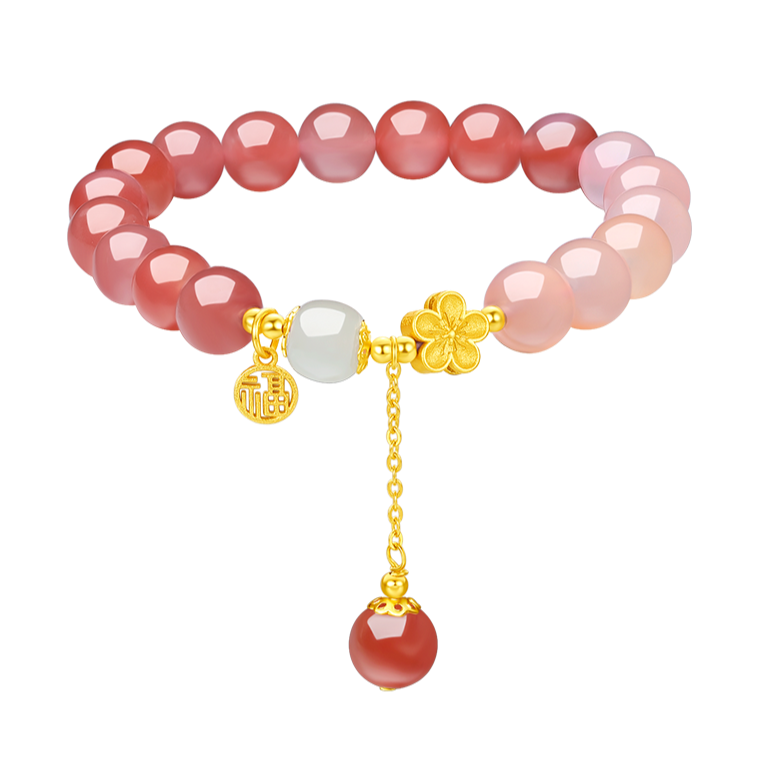 925 Silver Peach Blossom Flower Pink Agate Beaded Bracelet