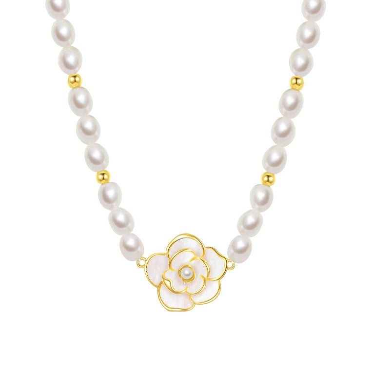 S925 Silver Fresh Water Pearls Camellia Double Layer Jewelry Set