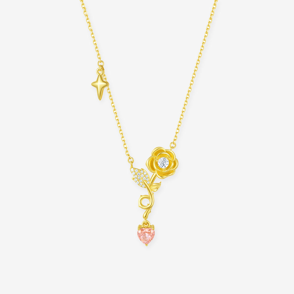 S925 Silver Zircon Yellow Rose Pink Heart Necklace