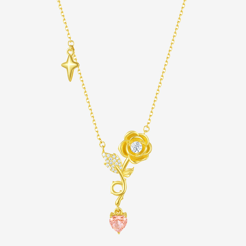 S925 Silver Zircon Yellow Rose Pink Heart Necklace