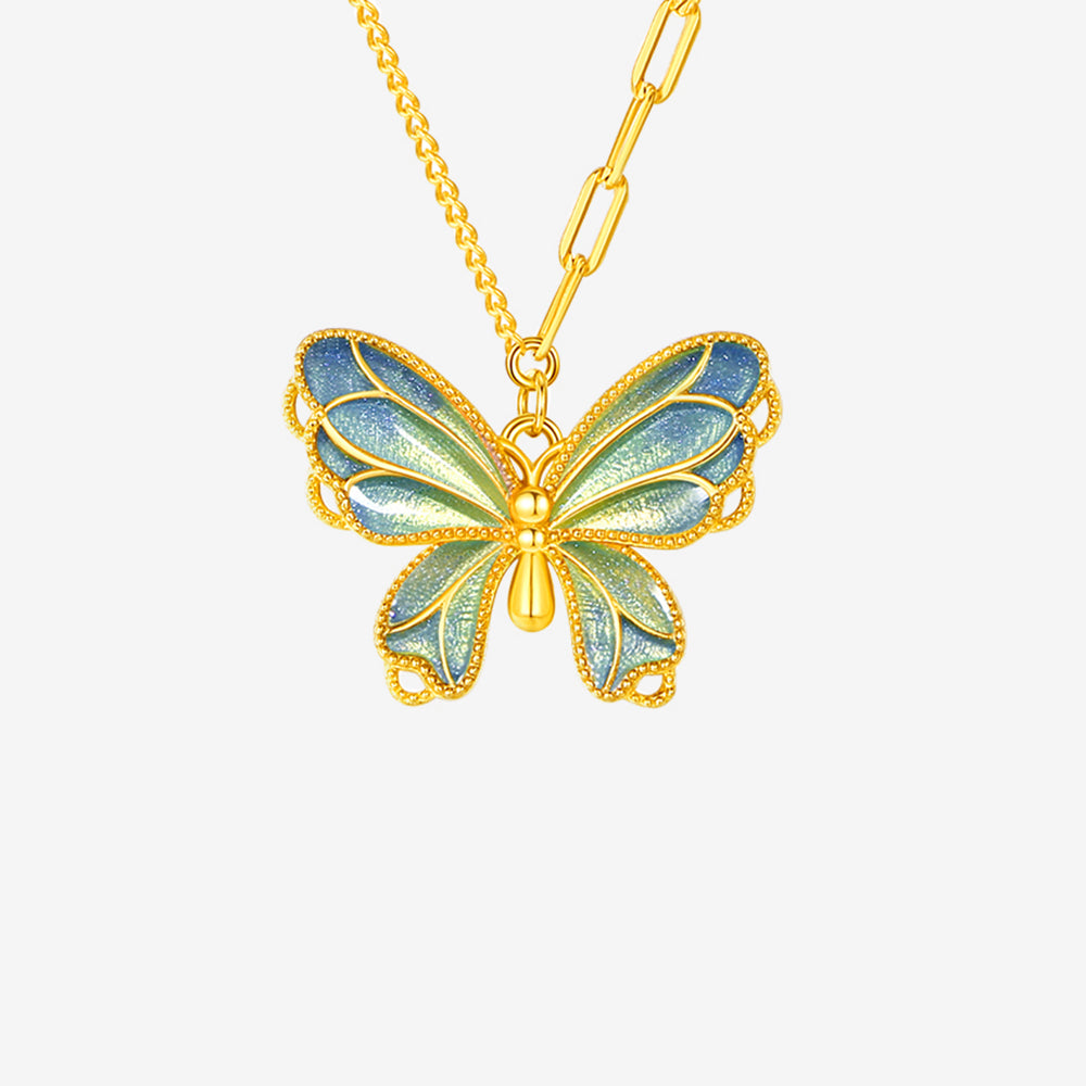 S925 Silver Enamel Pearl Colorful Butterfly Necklace