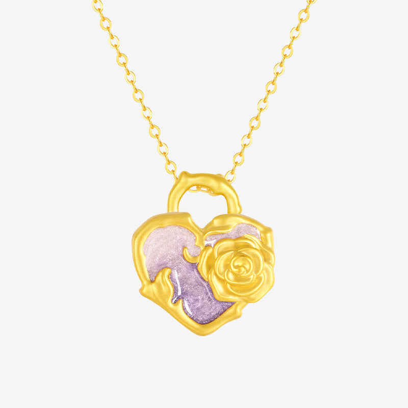 Monet Garden Series 24K Gold Secret Words Luminous Enamel Rose Heart Lock Necklace Pendant