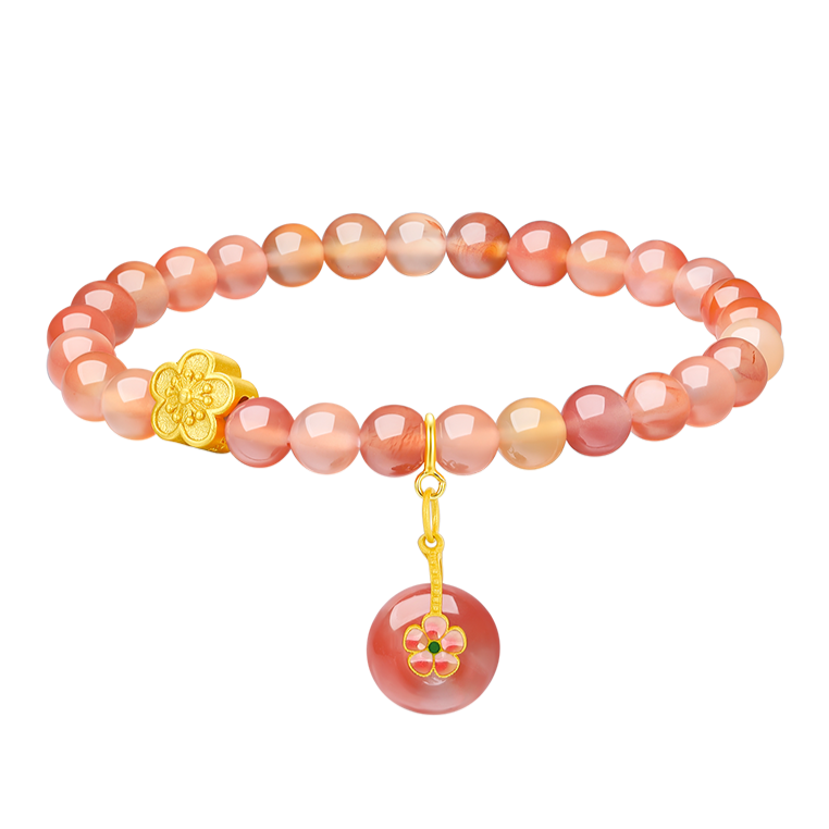 925 Silver Peach Blossom Flower Pink Agate Beaded Bracelet