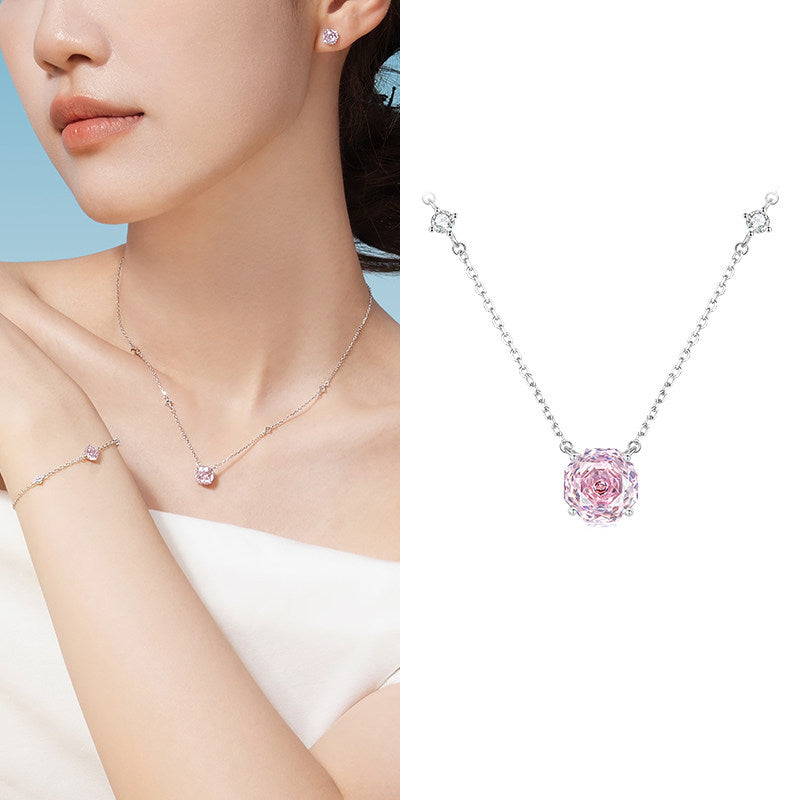 【𝐋𝐢𝐦𝐢𝐭𝐞𝐝-𝐭𝐢𝐦𝐞 𝐝𝐢𝐬𝐜𝐨𝐮𝐧𝐭】Silver Zircon Colored Rose Solitaire Bezel Jewelry Set - Bracelet & Necklace