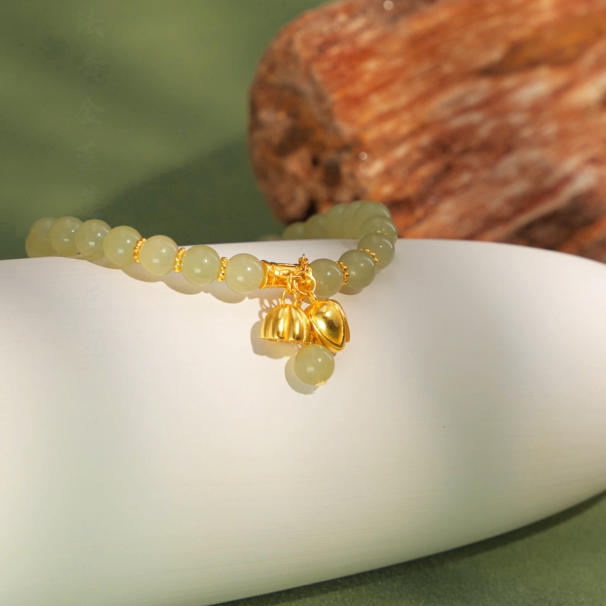 Gold Plated Silver Two Lotus and Pod Green Hetain Jade Beaded Bracelet
