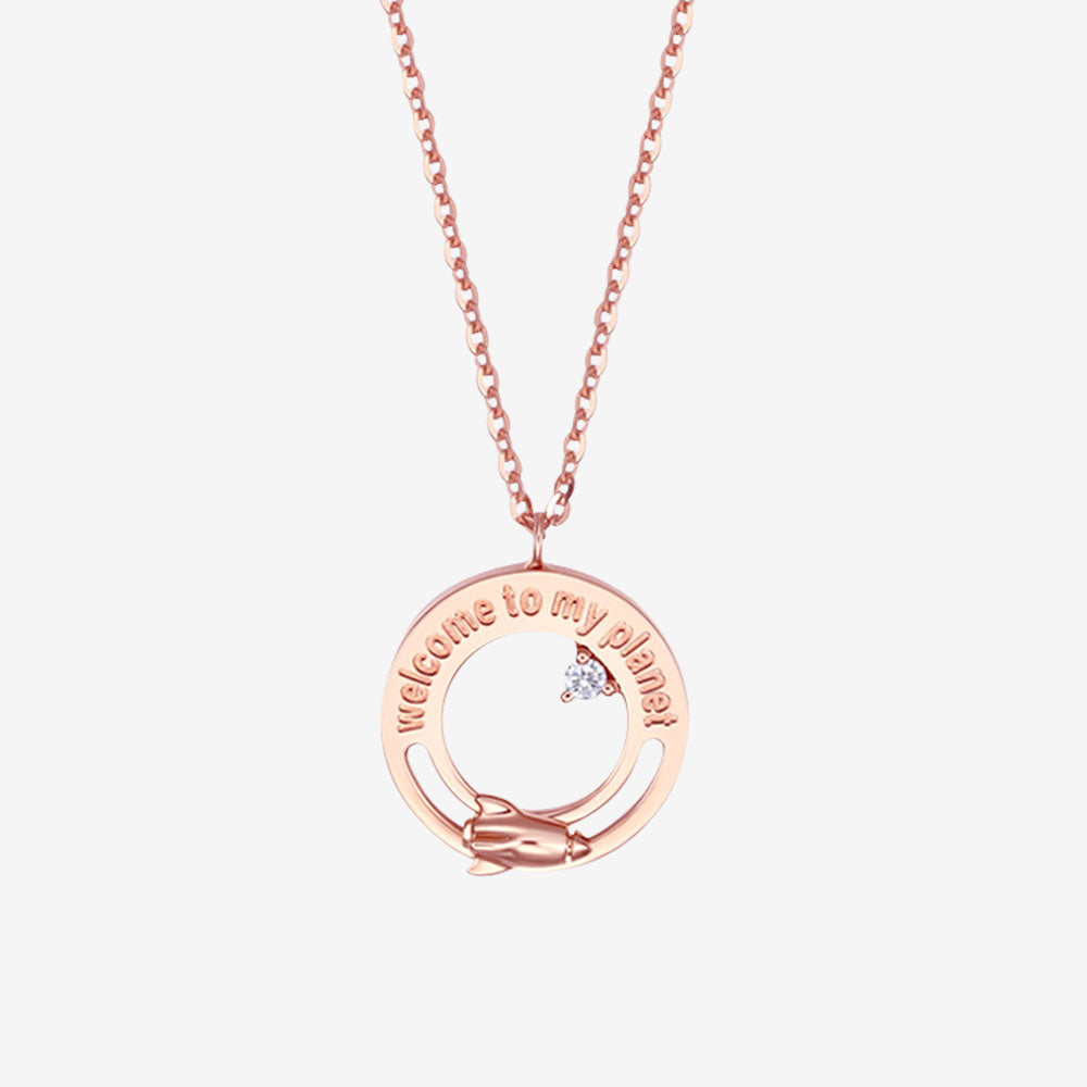 Shining Girl Series 18K Rose Gold Diamond Rocket Planet Necklace