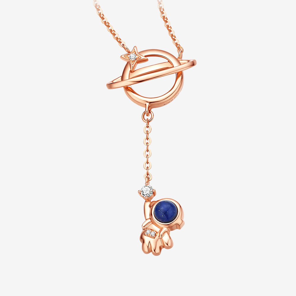 Shining Girl Series 18K Rose Gold Diamond Lapis Lazuli Astronaut Planet Necklace