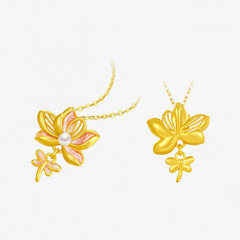 Twelve Gods of Flowers Series 24K Gold Pearl Enamel Lotus Necklace Pendant
