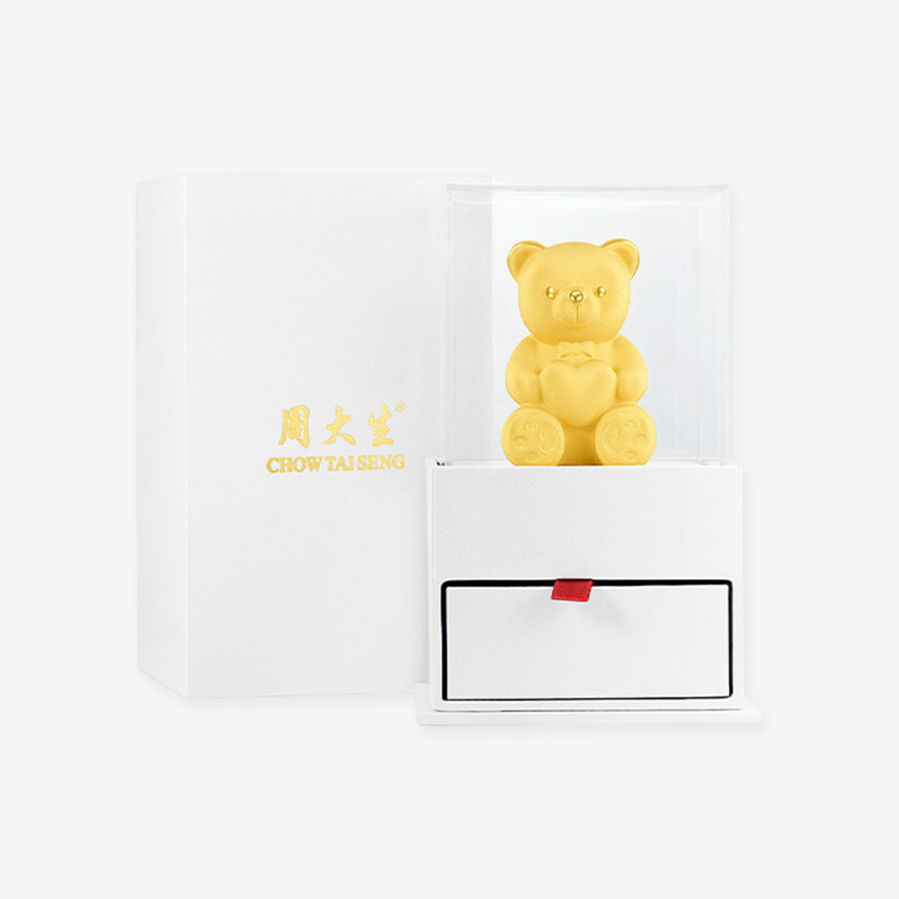 ChowTaiSeng V0PC0003 gold plated love bear ornament in clear acrylic display dome on white pull-out drawer gift box, with ChowTaiSeng white outer box, white background