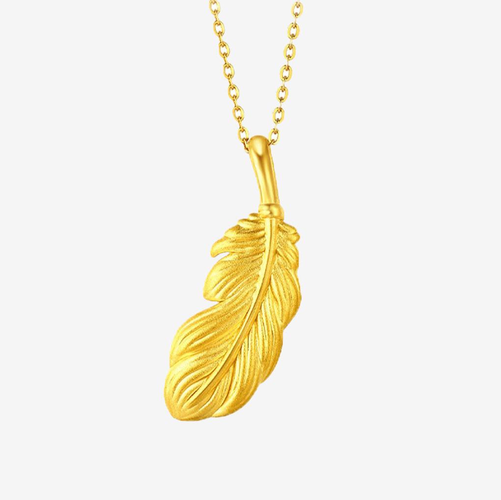 24K Gold Vintage Style Feather Necklace Pendant