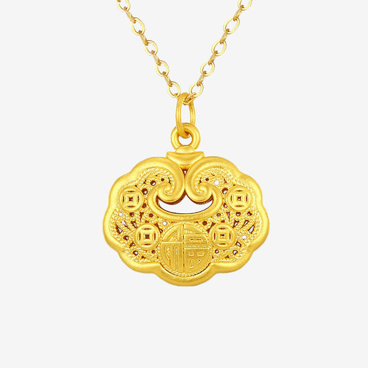 24K Gold Auspicious Clouds Ruyi Lock Pendant Necklace