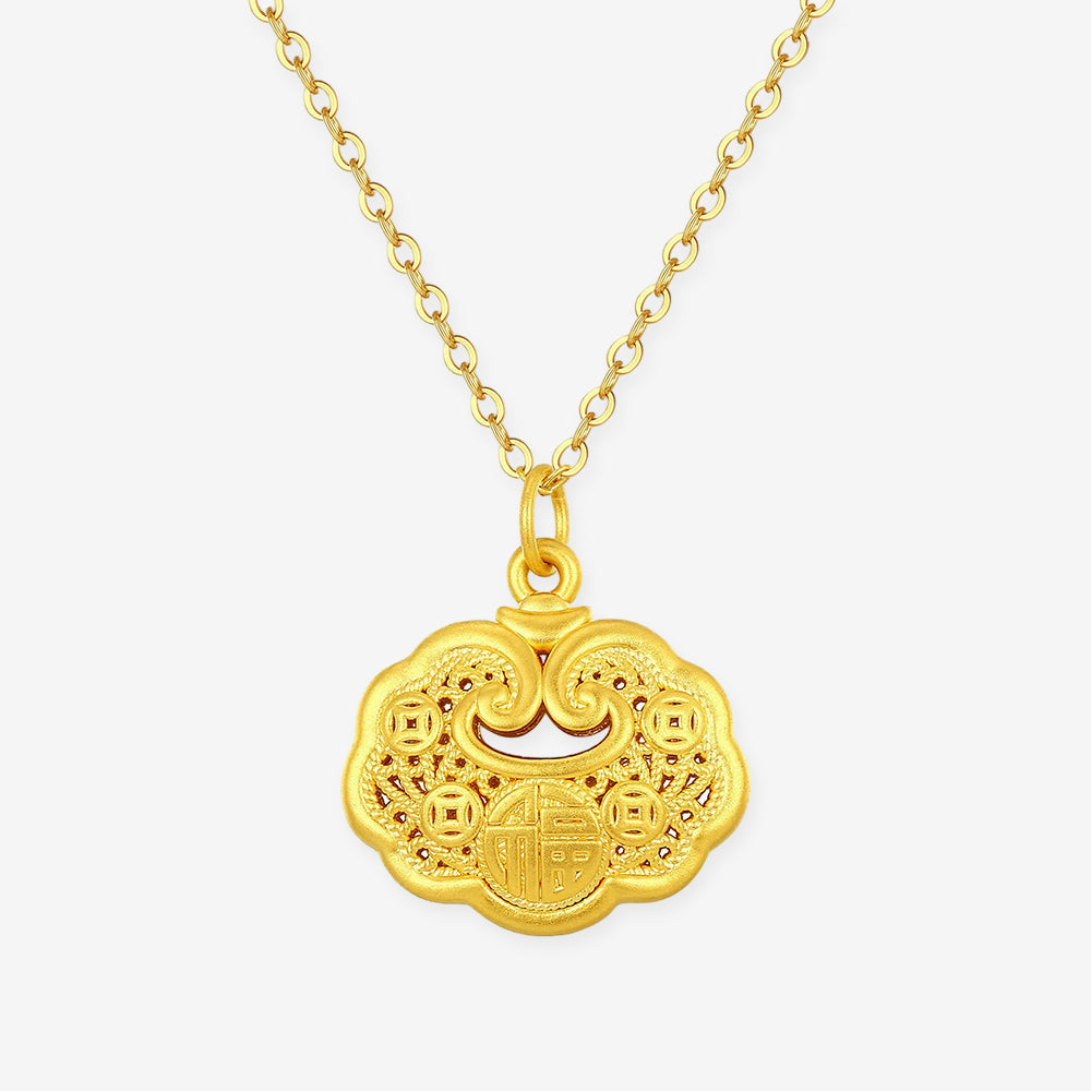 24K Gold Auspicious Clouds Ruyi Lock Necklace Pendant