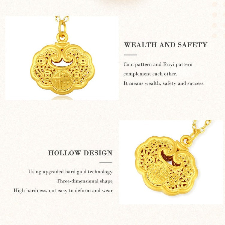 24K Gold Auspicious Clouds Ruyi Lock Pendant Necklace