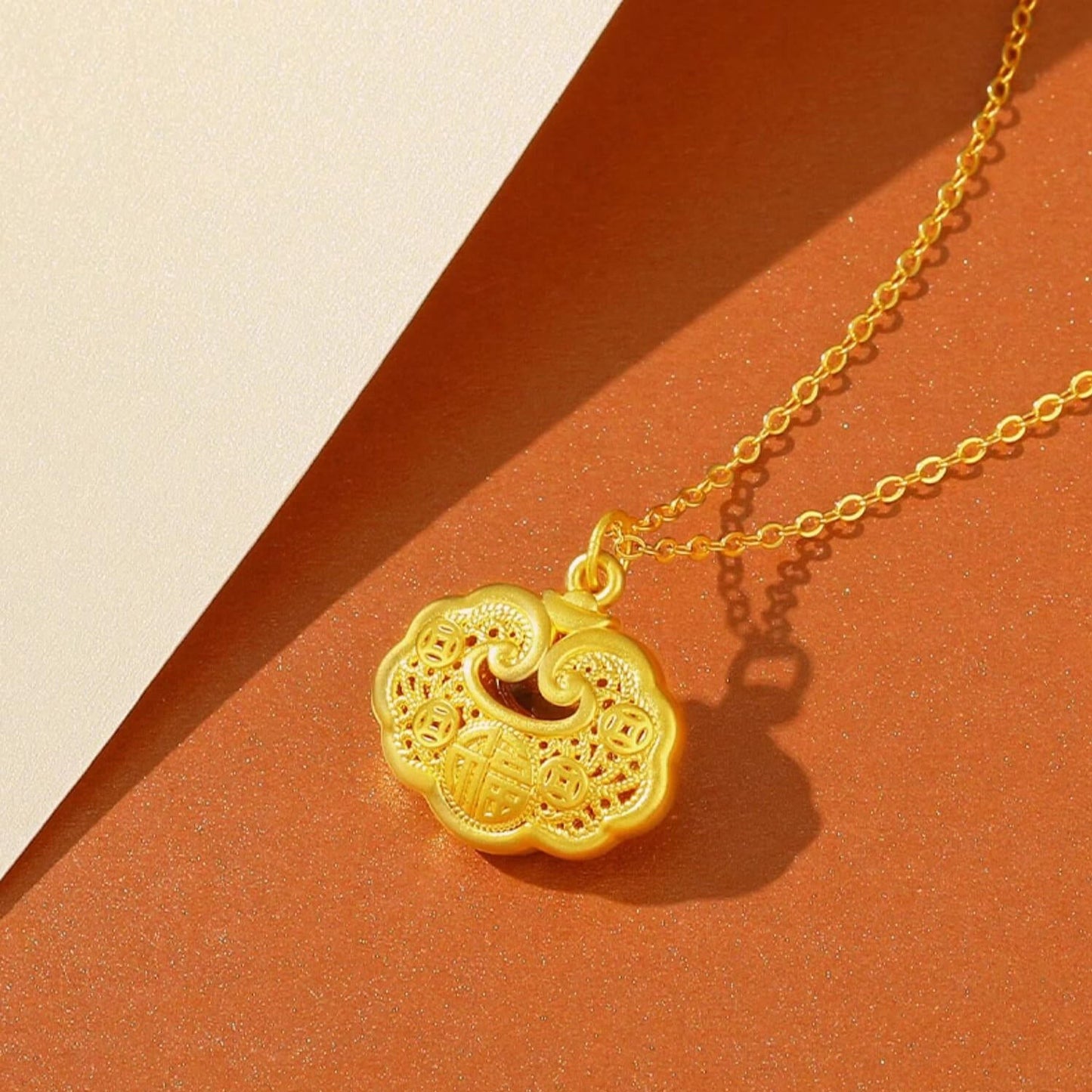 24K Gold Auspicious Clouds Ruyi Lock Pendant Necklace