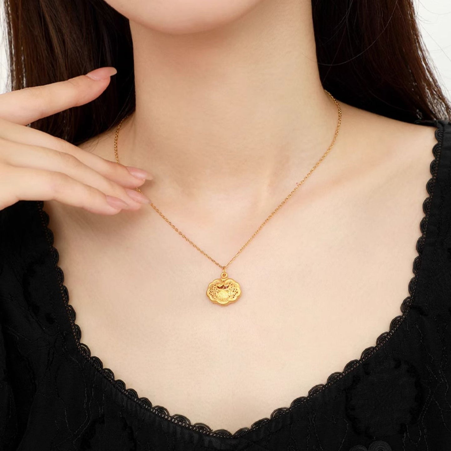 24K Gold Auspicious Clouds Ruyi Lock Pendant Necklace