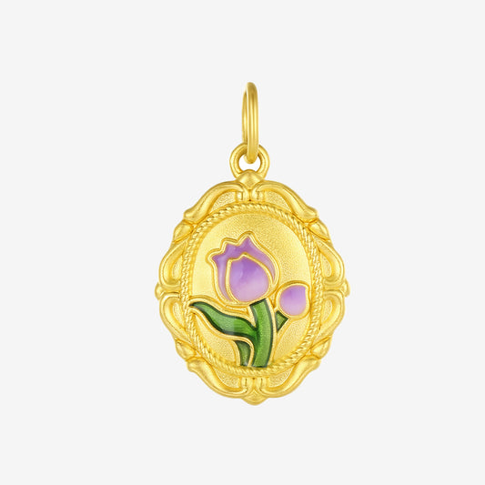 Monet Garden Series 24K Gold Enamel Tulip Amethyst Necklace Pendant