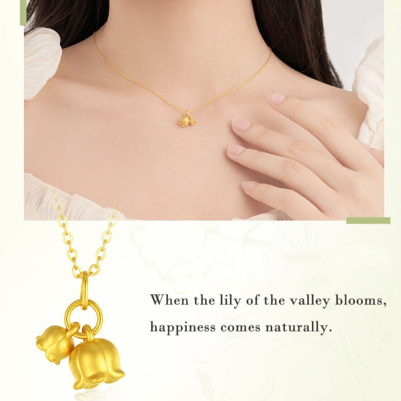 24K Gold Two Lily of the Valley Pendant Necklace