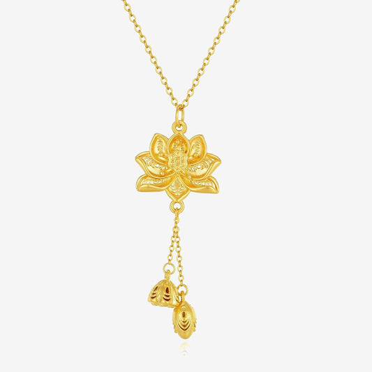 24K Gold Lotus Flower Tassel Necklace Pendant