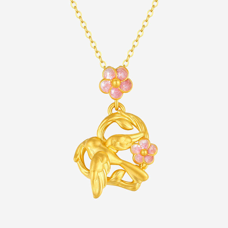 Twelve Gods of Flowers Series 24K Gold Enamel Magpie and Plum Blossom Heart Necklace Pendant