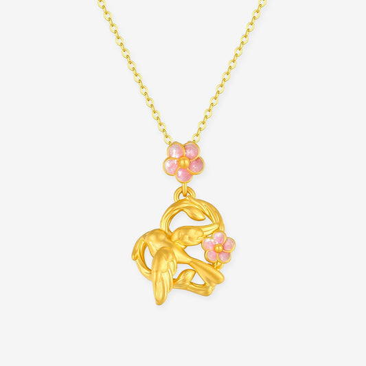 Twelve Gods of Flowers Series 24K Gold Enamel Magpie and Plum Blossom Heart Necklace Pendant