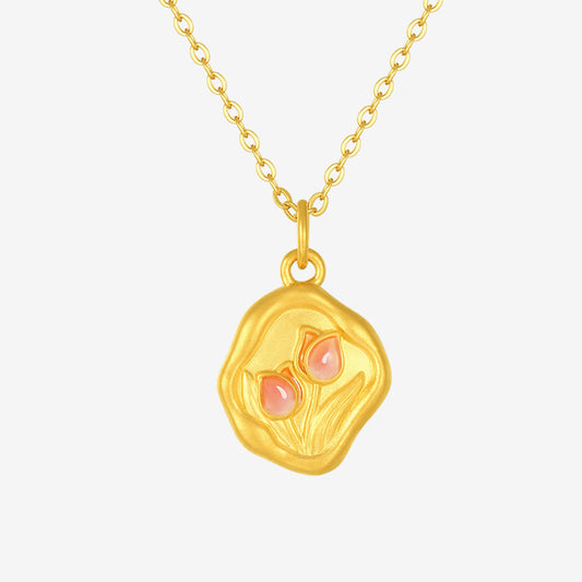 Monet Garden Series 24K Gold Pink Tulip Flower Necklace Pendant