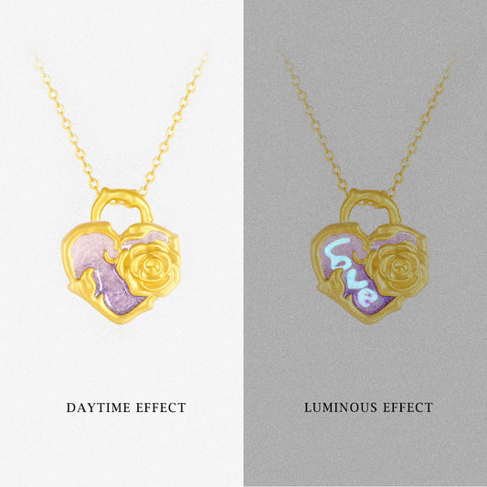 Monet Garden Series 24K Gold Secret Words Luminous Enamel Rose Heart Lock Necklace Pendant