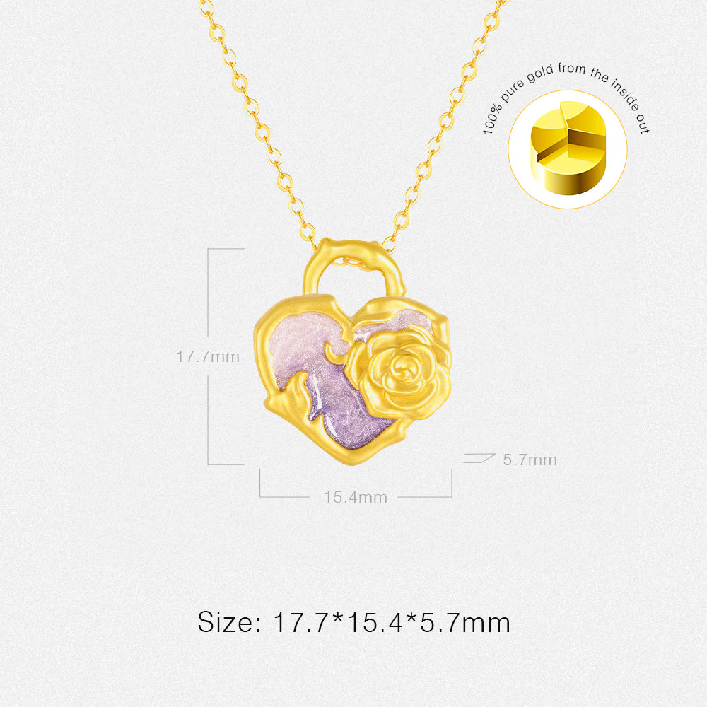 Monet Garden Series 24K Gold Secret Words Luminous Enamel Rose Heart Lock Necklace Pendant