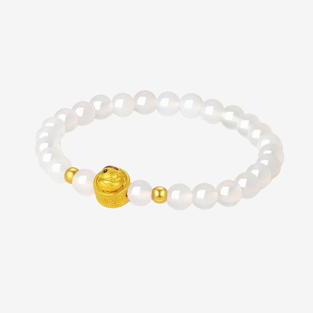 24K Gold Rotatable Cheering Duck Charm White Chalcedony Beaded Bracelet