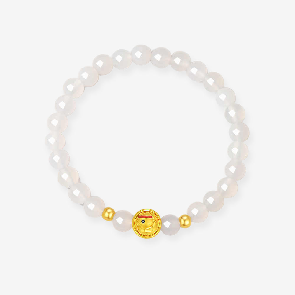 24K Gold Rotatable Cheering Duck Charm White Chalcedony Beaded Bracelet