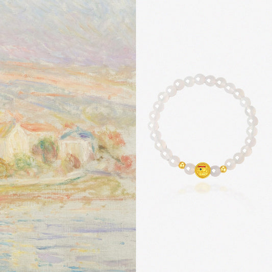 24K Gold Rotatable Cheering Duck Charm White Chalcedony Beaded Bracelet