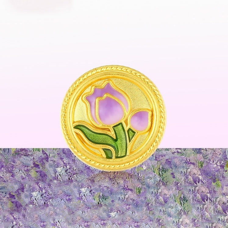 Monet Garden Series 24K Gold Enamel Tulip Round Pendant