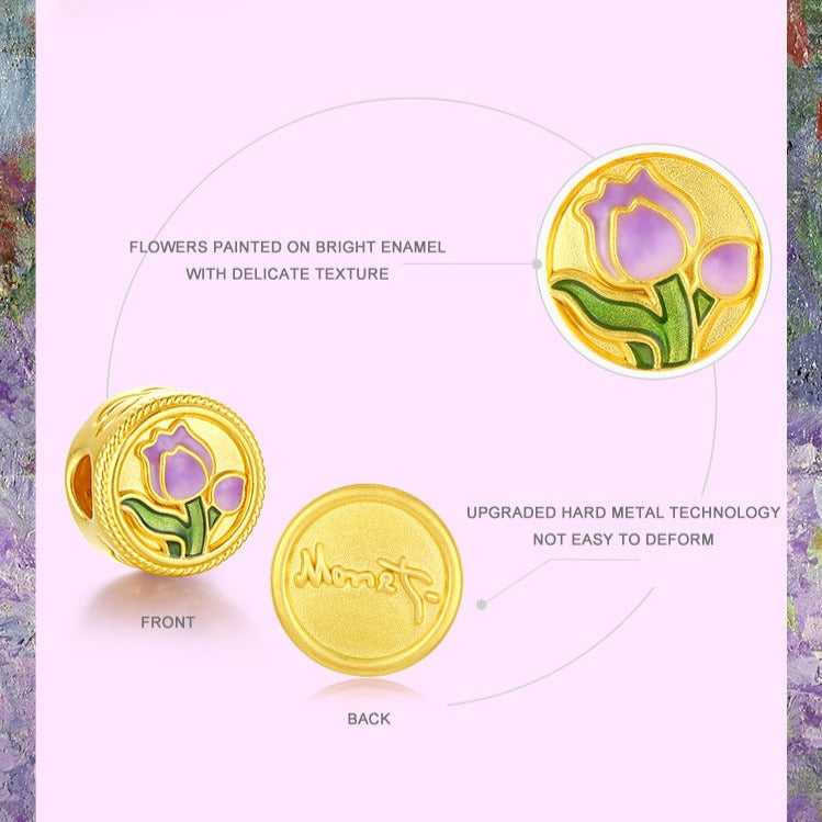 Monet Garden Series 24K Gold Enamel Tulip Round Pendant