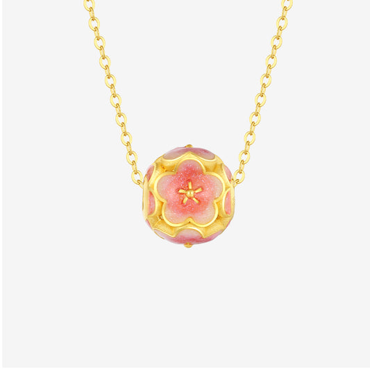 24K Gold Enamel Peach Blossom Ball Pendant