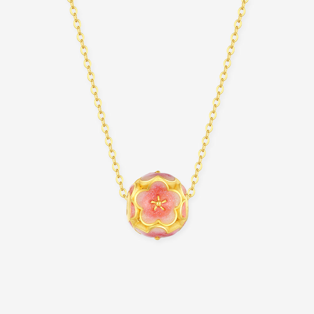 24K Gold Enamel Peach Blossom Ball Pendant