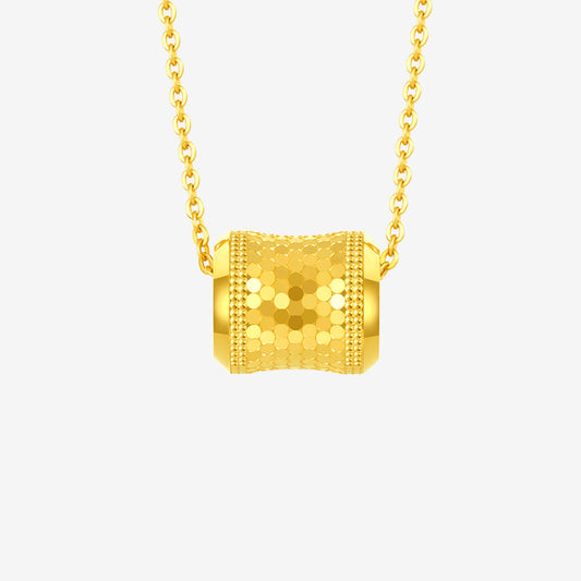 24K Gold Honeycomb Fish Scale Cut Barrel Necklace Pendant